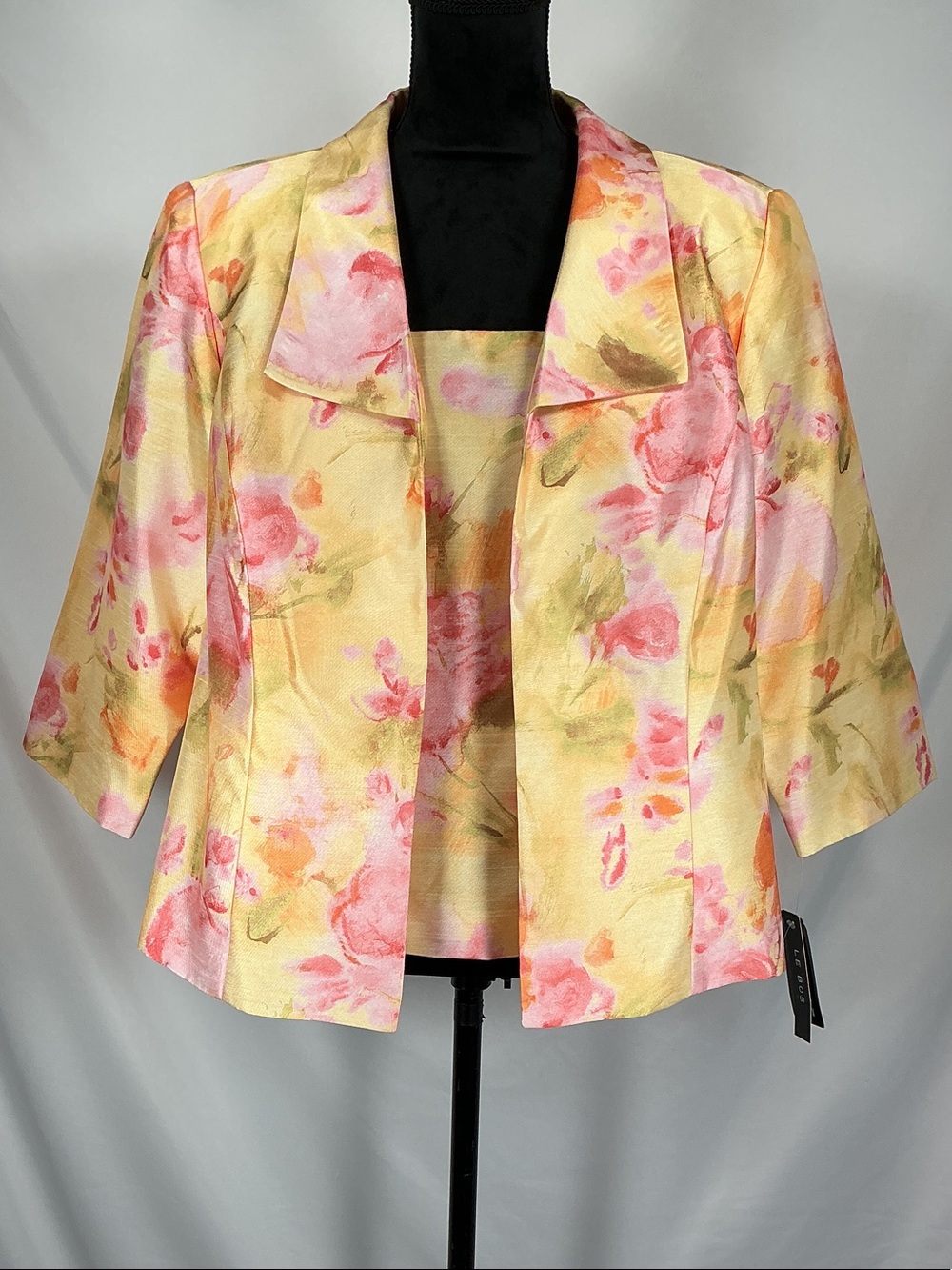 Le Bos Open Blazer & Tank Top 2pc Set Watercolor Floral 18WP Yellow Pink Plus
